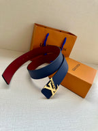 Louis Vuitton belt with navy blue and dark red straps and LV buckle attached