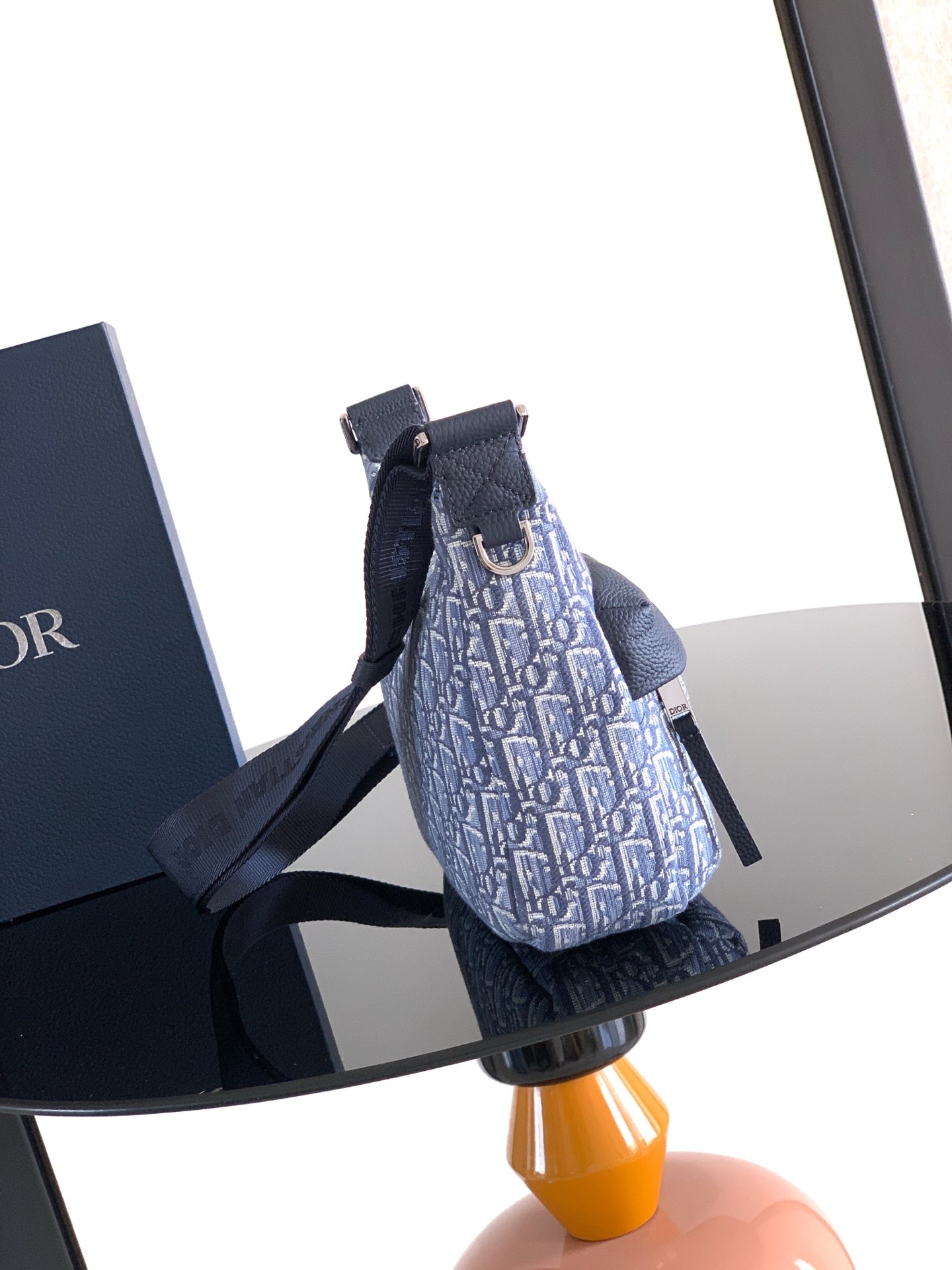 Men's Dior top-handle and shoulder bag, blue jacquard monogram, side view