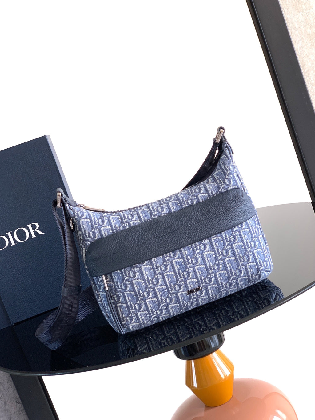 Men's Dior shoulder bag in blue jacquard monogram, structured shape, front flap