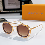 Louis Vuitton round sunglasses, gold frames with brown lenses.