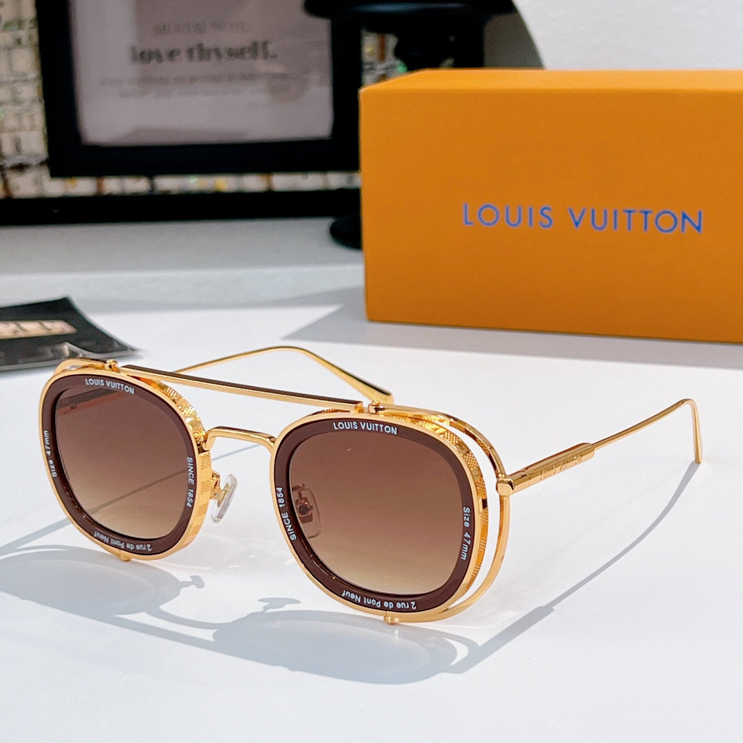 Louis Vuitton round sunglasses, gold frames with brown lenses.