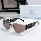 Versace sunglasses with black frame, rose gradient lenses, and circular emblem on temples