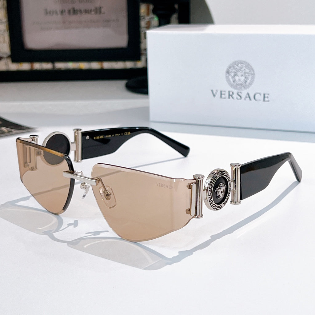 Versace sunglasses with gold frame and beige lenses, featuring Medusa emblem temple details