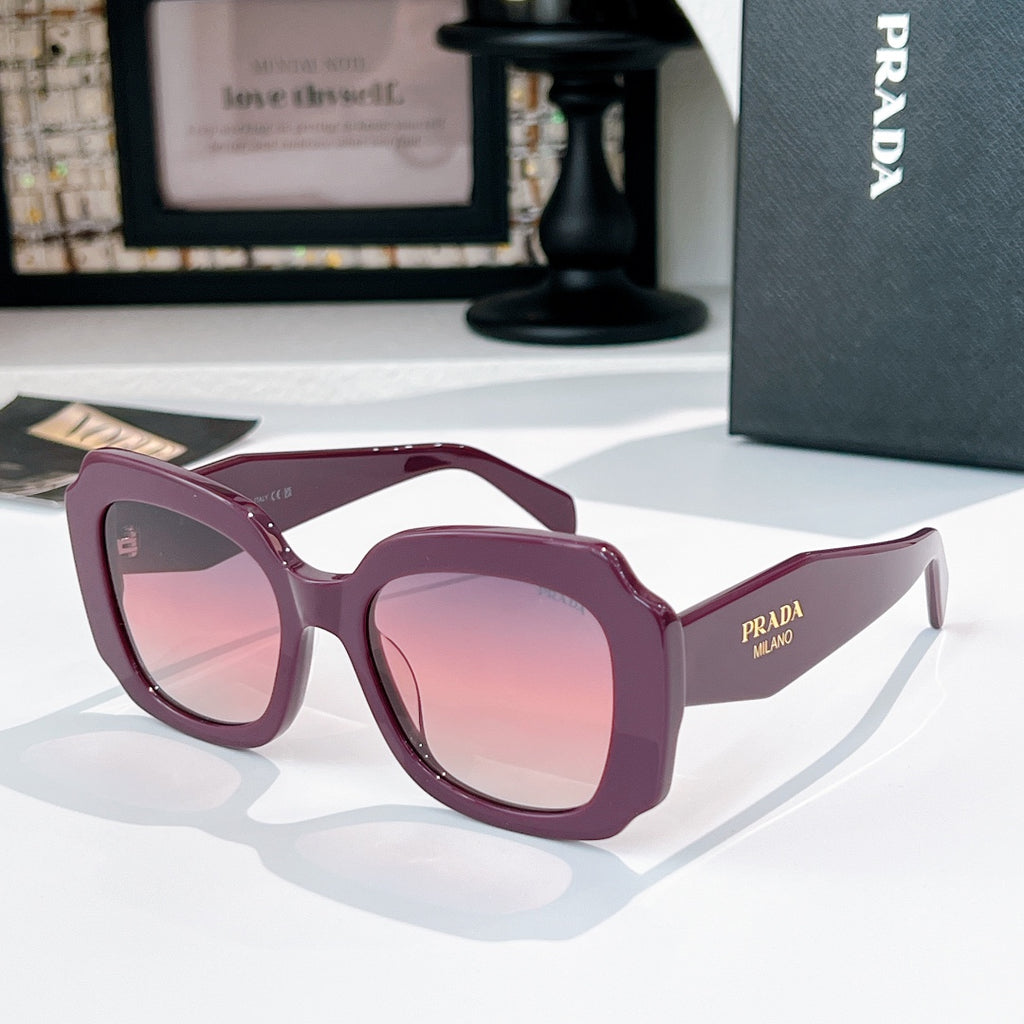 Burgundy sunglasses with pink-tinted lenses and Prada Milano logo on the temple