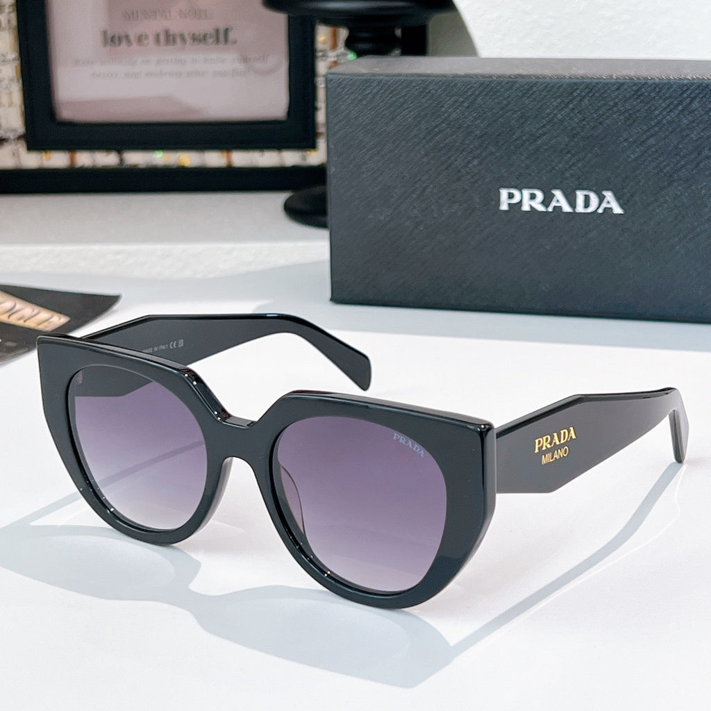 Prada sunglasses with dark frames, purple-tinted lenses.