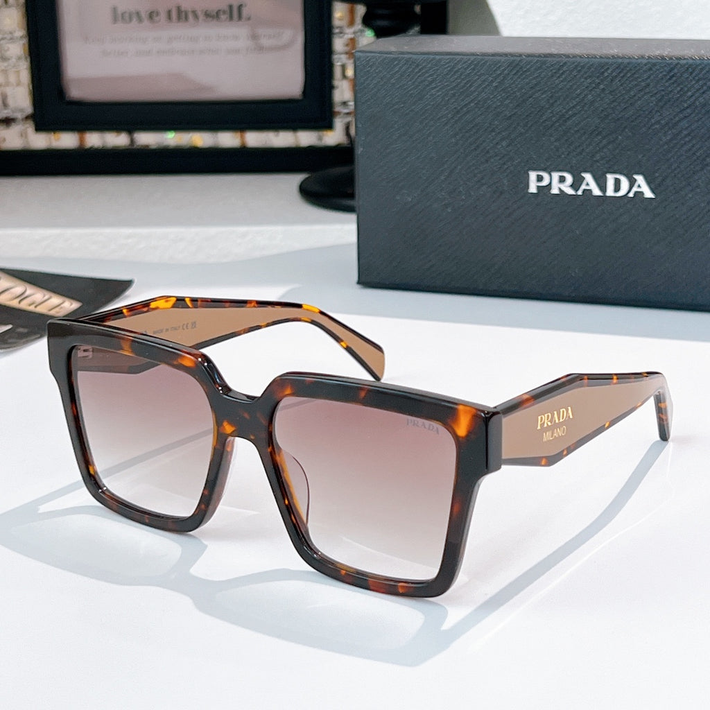Amber tortoise square sunglasses with light brown tinted lenses and Prada logo.