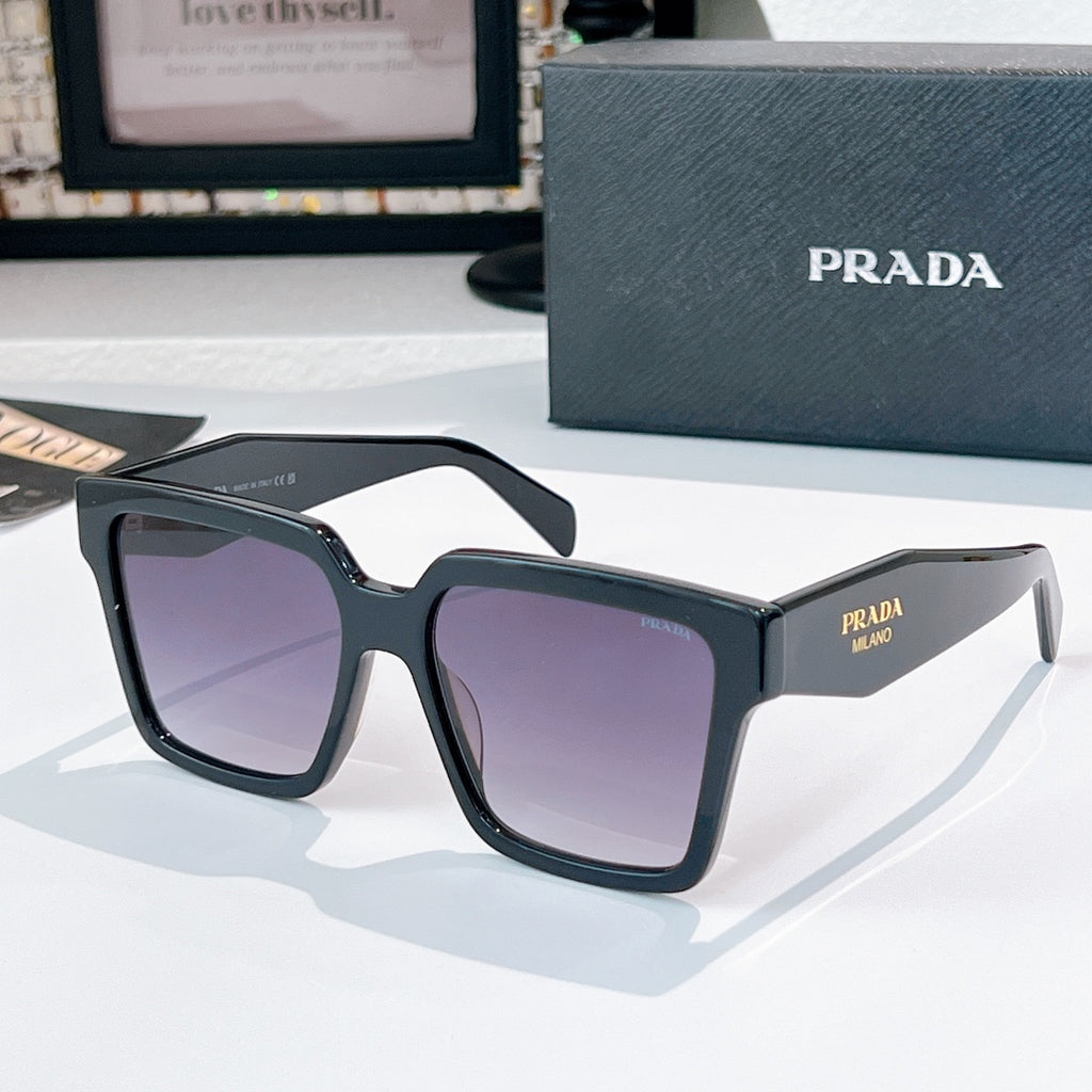 Black square sunglasses with purple tinted lenses and Prada logo on temple.