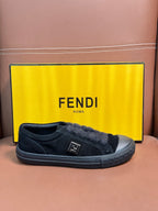 Fendi unisex slip-on sneakers, dark suede with front logo and textured rubber outsole
