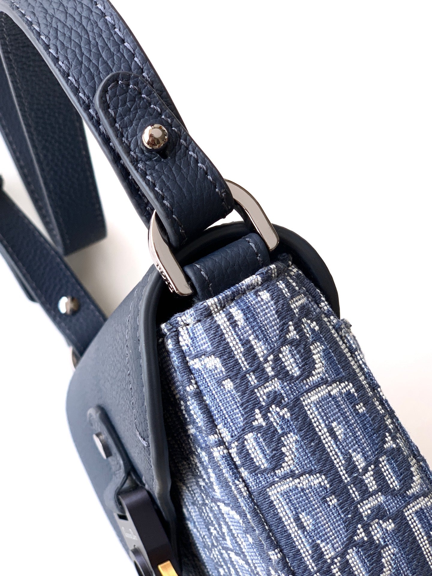 Dior bag strap with metal buckle and blue monogram fabric panel