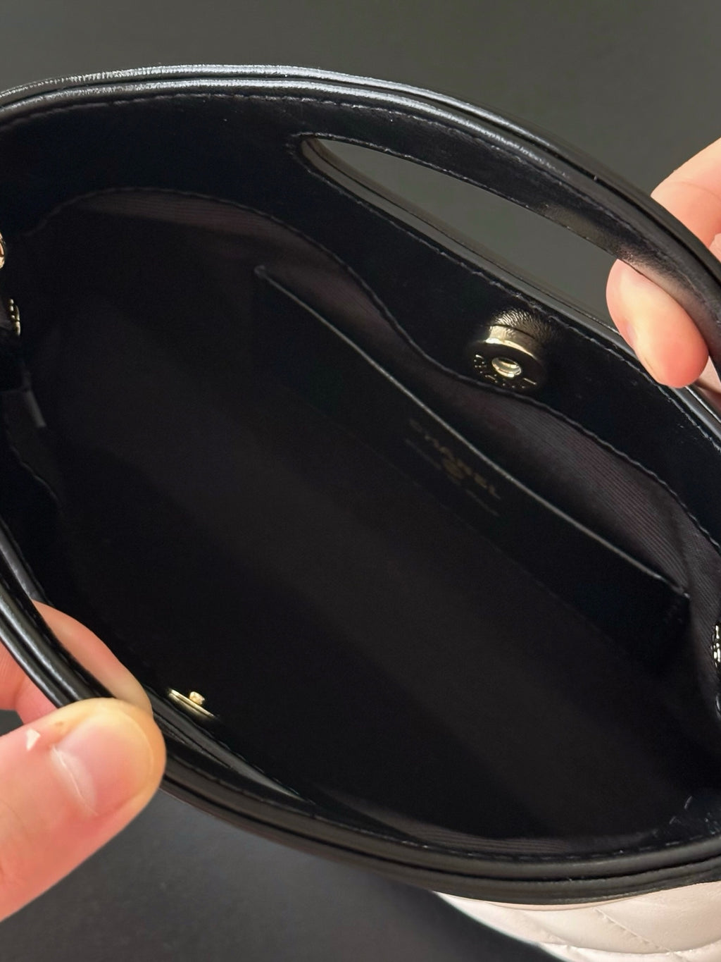 Chanel mini handbag interior view with zipper top and gold-tone hardware