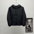 Black puffer jacket with hood and front zipper