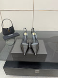 YSL women’s black slingback stiletto heels with glossy toe, pointed tip