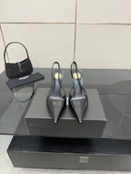 YSL women’s black slingback stiletto heels with glossy toe, pointed tip