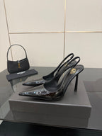 YSL women’s black pointed-toe slingback heels on stiletto heel, glossy front