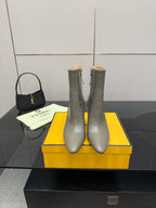 Fendi women’s ankle boots, silver-gray leather, mid block heel, side zips