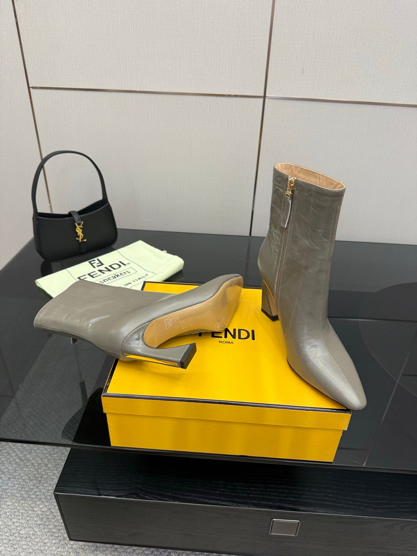 Fendi women’s ankle boots, silver-gray leather, wide block heel, side zip