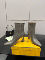 Fendi women’s ankle boots, silver-gray leather, back view showing zip pulls
