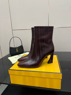Fendi mid-calf boot in dark burgundy leather, side zipper, squared block heel