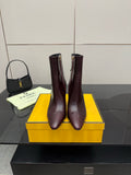 Fendi mid-calf boots, dark burgundy leather, side zipper, block heel