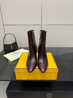 Fendi mid-calf boots, dark burgundy leather, side zipper, block heel