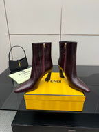 Fendi mid-calf boots, dark burgundy leather, pointed toe, side zipper, block heel