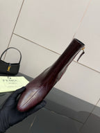 Fendi mid-calf boot in dark burgundy leather, tall block heel, pointed toe