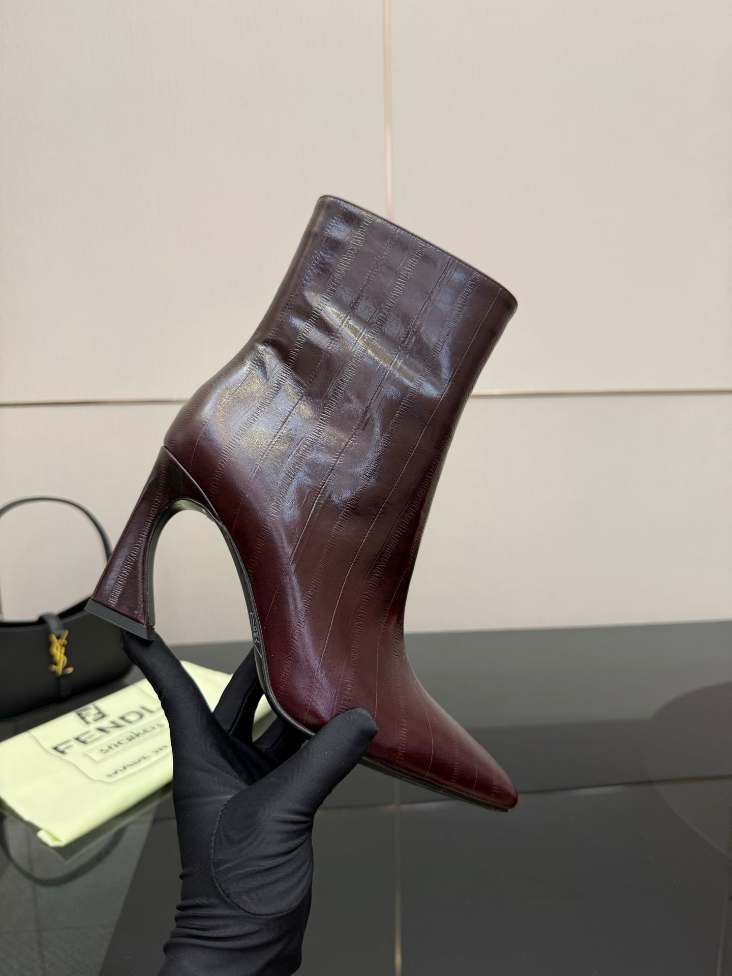 Fendi mid-calf boots in dark burgundy leather, high block heel, side zipper