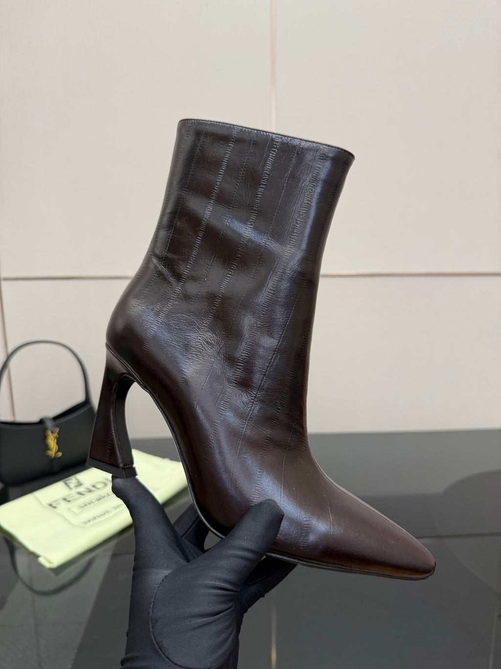 Fendi ladies ankle boot, dark leather with stiletto heel and side zipper