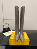 Tall leather knee-high boots, gray, pointed toe and stiletto heel