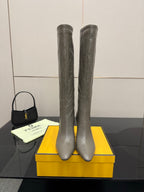 Tall leather knee-high boots, gray, pointed toe and stiletto heel