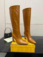 Fendi women’s knee-high leather boots, tan with stiletto heel, front and side angles.