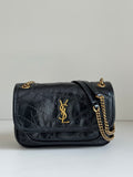 YSL black leather shoulder bag with gold YSL logo, flap and chain strap