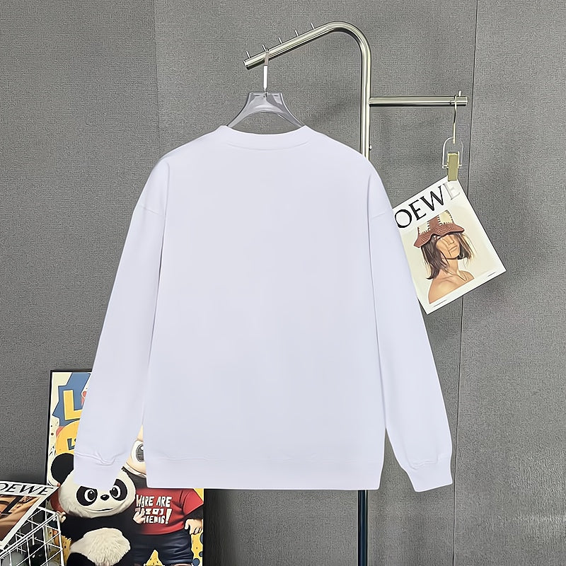 Long-sleeve sweatshirt back view, white fabric with crew neck and straight hem