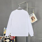White long-sleeve sweatshirt back view hanging on a stand