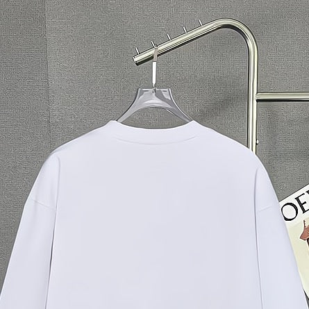 Long-sleeve sweatshirt back view, white crew neckline and plain upper panel