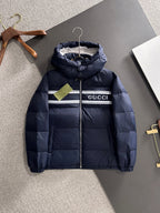Gucci puffer jacket with hood, navy blue, front zipper and striped chest detail