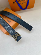 Monogram belt detail with perforated dark strap and gold-tone buckle, flat