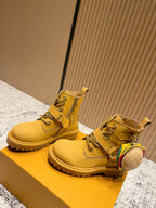 Louis Vuitton unisex yellow lace-up boots with small multicolor strap detail on box