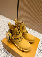 Louis Vuitton unisex yellow high-top boots with buckle straps and LV-pattern pouch