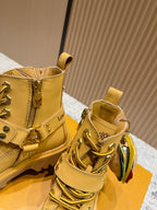 Louis Vuitton unisex yellow lace-up boots with side logo detailing and metal hardware