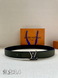 Louis Vuitton leather belt in dark green with silver LV buckle and keeper strap.