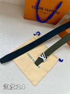 Louis Vuitton belts: dark navy and dark green leather straps with silver LV buckles.