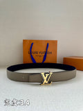 Grey leather Louis Vuitton belt with gold-tone LV buckle