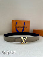 Grey leather Louis Vuitton belt with gold-tone LV buckle