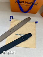 Grey and navy leather belts with rectangular LV buckle plates