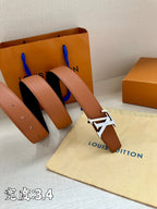 Brown leather belt with gold-tone LV buckle, two strap ends