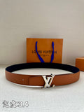 Brown leather belt with black underside and gold-tone LV buckle