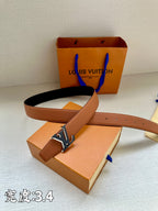 Brown leather belt with gold-tone LV buckle and adjustment holes