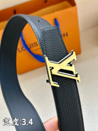 Louis Vuitton belt with textured dark blue leather and gold LV buckle clasp