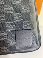 Louis Vuitton Paris leather patch on dark and gray damier-pattern bag